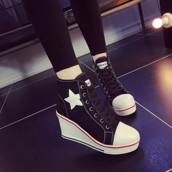 

2021 new slope canvas 8cm high heel korean zipper lace up large size 40-43 casual women's single shoes, White;red