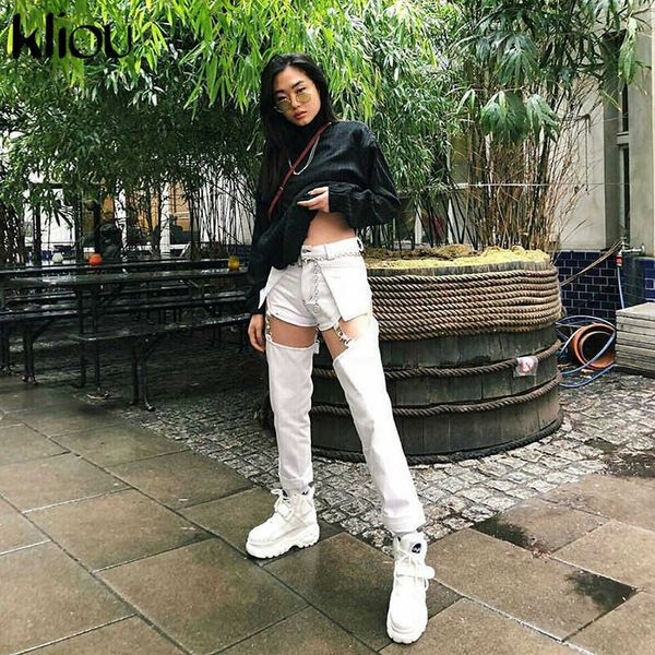 

kliou patchwork hollow out pants women button zipper fly waist cargo pants fashion street female workout casual trousers y19070101, Black;white
