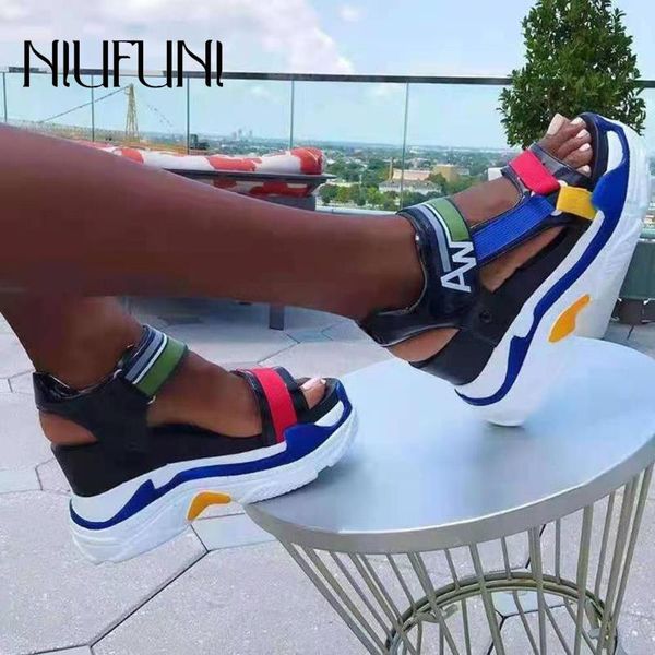 

dress shoes niufuni platform wedges summer women's sandals open toe outdoor sports casual mixed colors high heels hollow, Black