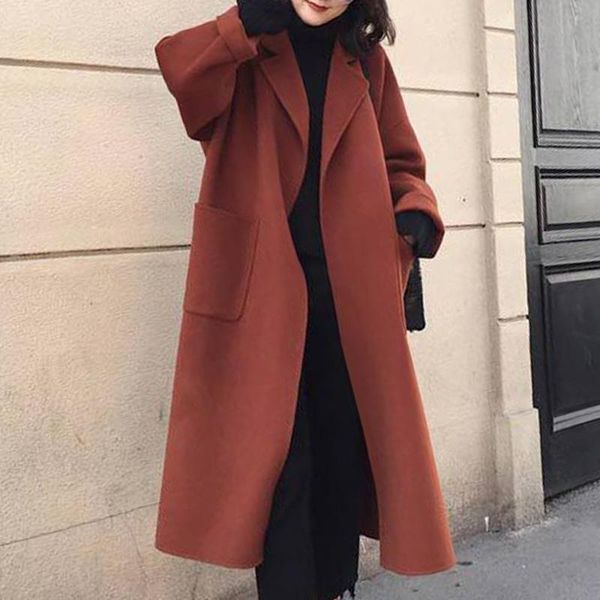 

women's wool & blends autumn winter 2021 woolen coat pocket plus size korean black long office lady lapel belt coats overcoat