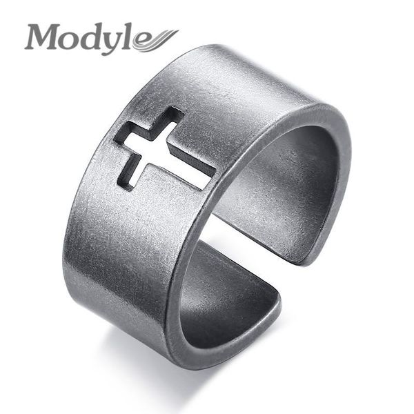 

cluster rings modyle 2021 vintage hollow cross ring for men special surface finish stainless steel open finger band male retro jewelry, Golden;silver