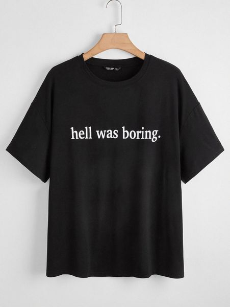 

plus slogan graphic drop shoulder tee t8m4#, Black