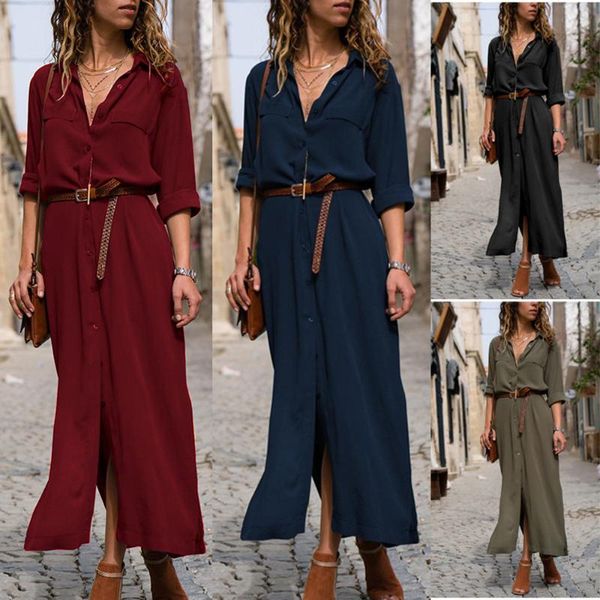 

casual dresses lapel autumn long sleeve women dress ladies sashes button office 2021 fashion midi vintage, Black;gray