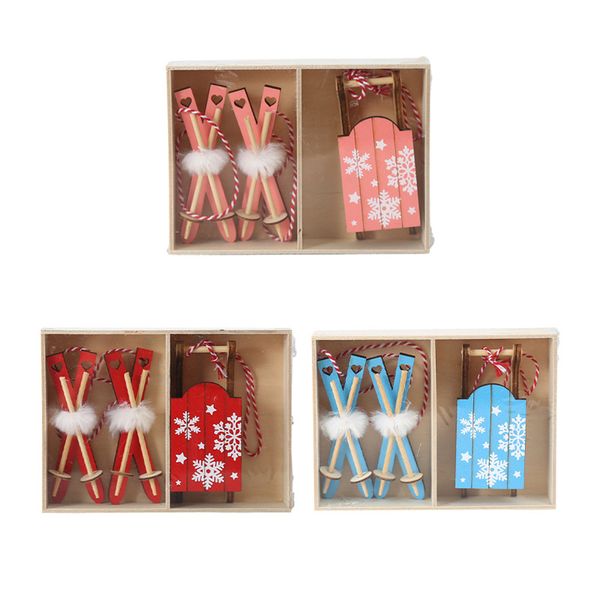 

christmas ornaments creative painted wooden sleigh combination pendant gift box christmas tree decoration small pendant