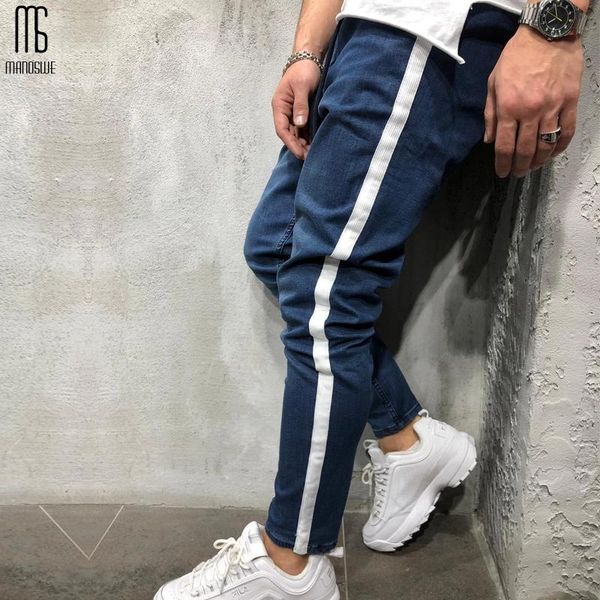

manoswe autumn winter fashion mens jeans casual straight feet skinny jeans trousers 2021 sportswear sports hip hop black denim, Blue