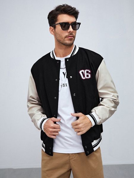 

men number patched color block bomber jacket t7t0#, Black;brown