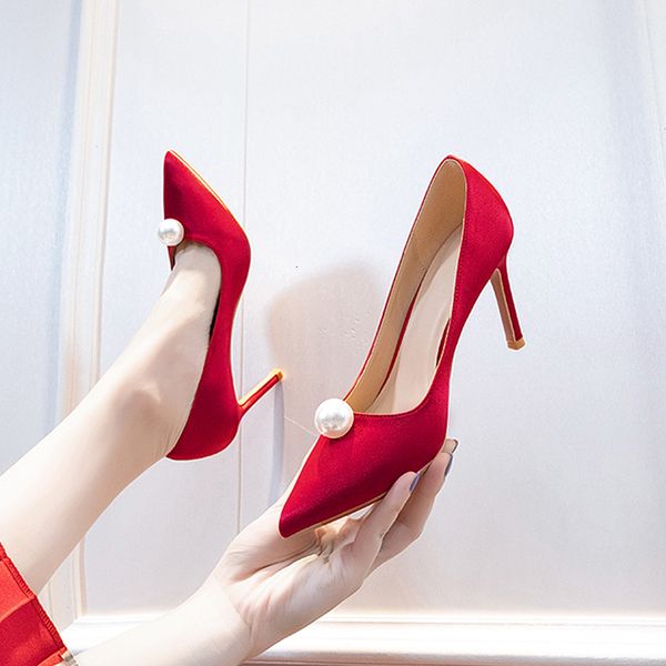 

woman engaged wedding ladies stiletto high heels pearl silk satin single stylish shoes women six d505, Black