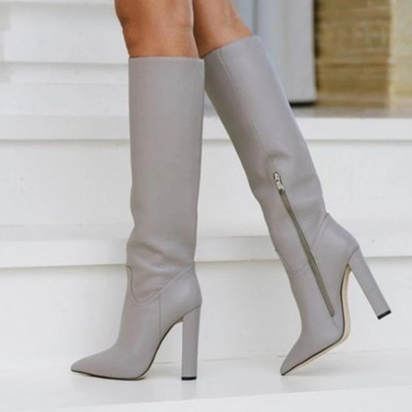 

matte leather thin high heels pointed toe zipper tight knee high boots brown black gray leather tall boots designer shoes