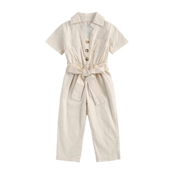 

baby girl button down jumpsuit, short sleeve lapel solid color belted one-piece coverall, Blue