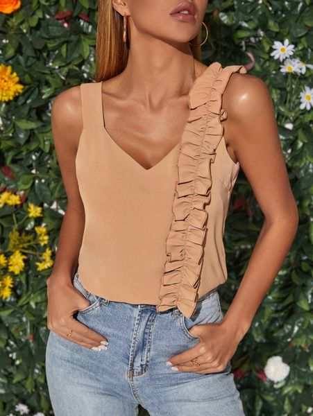 

ruffle trim v neck tank t4xx#, White