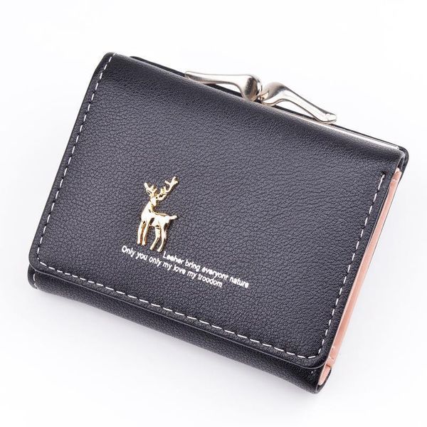 

leather wallet women short cute deer clutch pu card holder ladies purses folding wallets retro coin purse portfel w060, Red;black