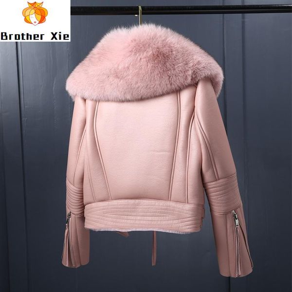 

women's leather & faux 2021 women winter sheepskin coat short lambs wool fur collar jacket warm thick female zipper outerwear, Black