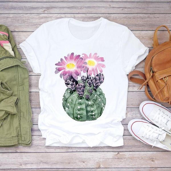 

cactus plant floral fashion womens short sleeve printed 90s graphic shirt ladies female tee, White