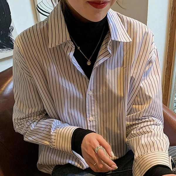 

women's blouses & shirts shirt 2021 autumn white striped long-sleeved loose button ladies harajuku vintage plus size women 0694