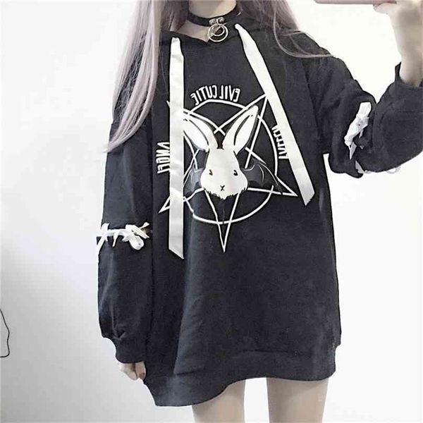 Harajuku Hoodies Herbst Frauen Print Lace Up Gothic Punk Oversize Tops Langarm Mit Kapuze Sweatshirt Pullover Streetwear 210803