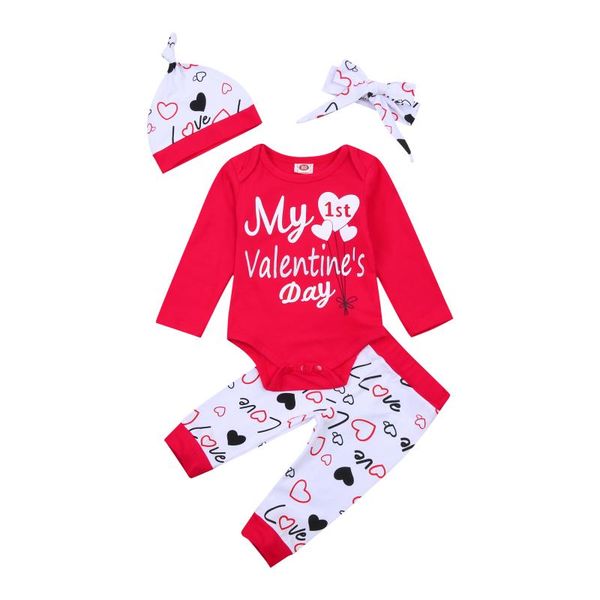 

clothing sets four piece infant baby girls clothes valentine letter long sleeve jumpsuit and heart pants with headband hat, White