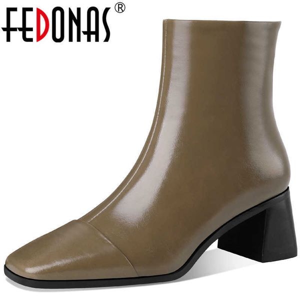 

side zipper women's boots genuine leather square toe shoes woman heels winter office lady party ankle 210528, Black