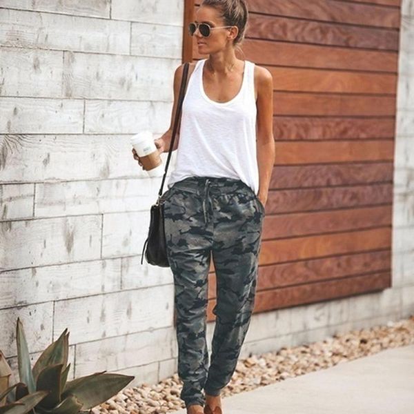 

women's pants & capris women camouflage waist lace-up trouser camo casual cargo joggers military army harem trousers loose elastic, Black;white