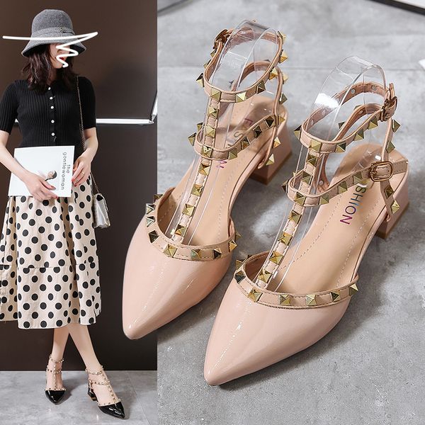 

luxury dress shoes rivet sandals 2021 summer baotou slotted buckle thick patent leather high s fashion women's sho middle heel shallow, Black