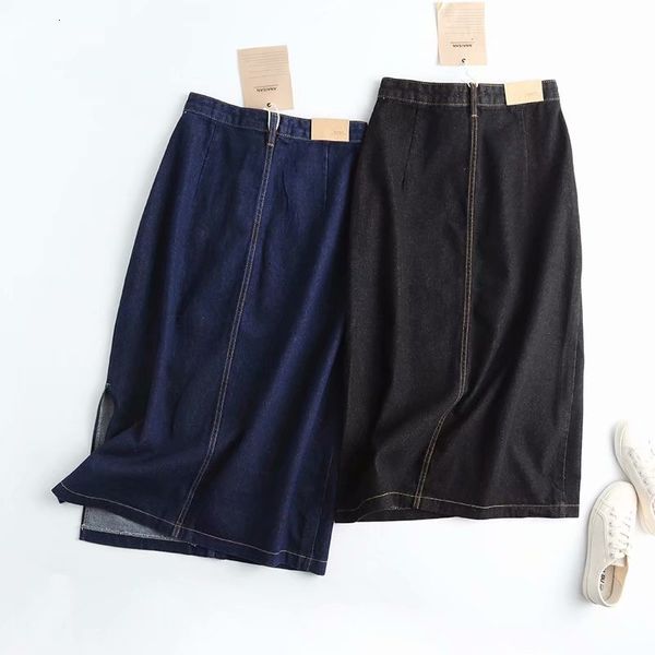

new 2021 woman black denim high waist midi skirts side split vintage female clothes 5dww