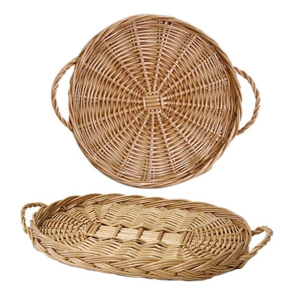 

kitchen storage & organization 2 pcs rattan tray woven picnic basket breakfast bread snack display with handle, round oval