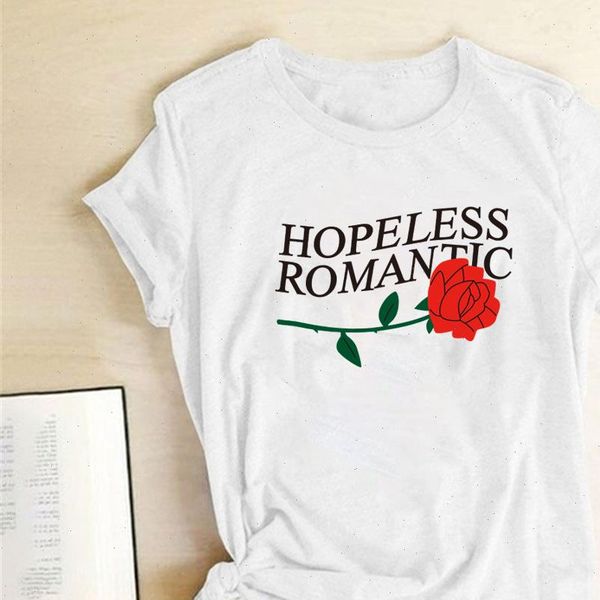 

hopeless romantic rose print t shirts women summer graphic tee streetwear casual harajuku round neck aesthetic clothes femme, White