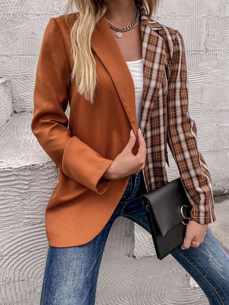 

plaid flap detail single button blazer d9wf#, White;black