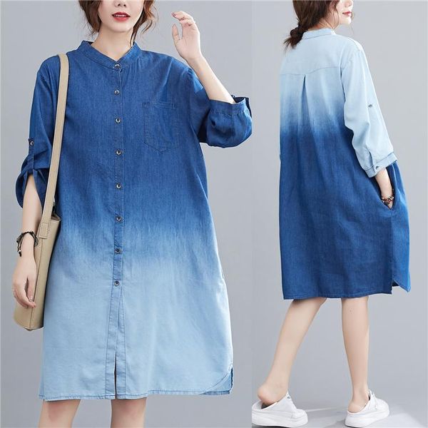 

casual dresses big size summer women fashion color block denim ladies female plus large 3/4 sleeve mixed colors thin jean dress, Black;gray