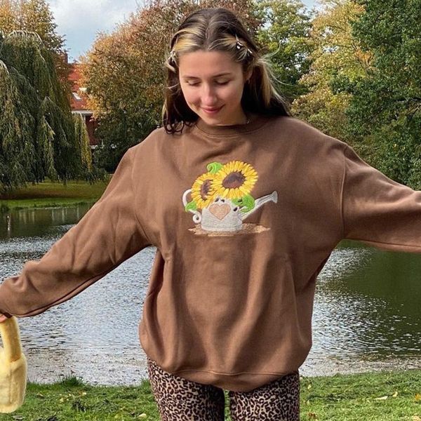 

2021 brown vintage sun flower printing sweatshirt women oversized crewneck winter casual loose teens girls new brand designer ruu9, Black