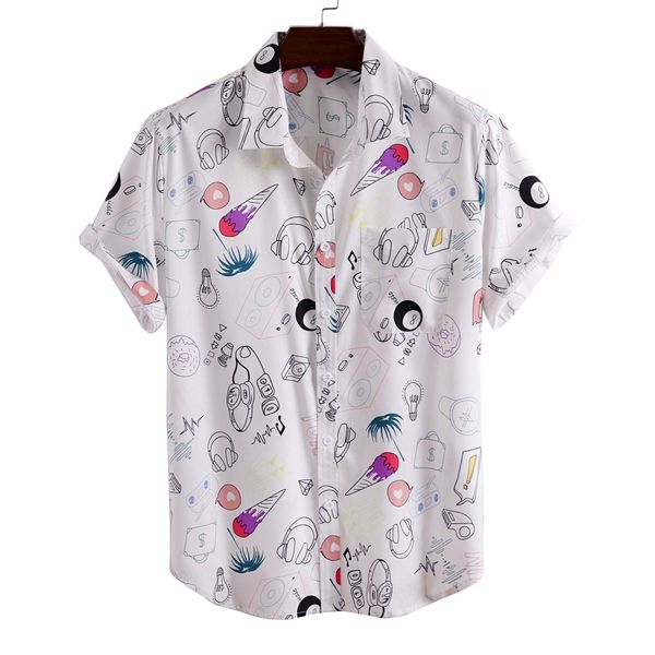 Moda Hawaii Gömlek Erkek Komik Tarzı Karikatür Baskılı Kısa Kollu Beyaz Gömlek Erkekler Bluz Artı Boyutu Kore Giysileri 210527