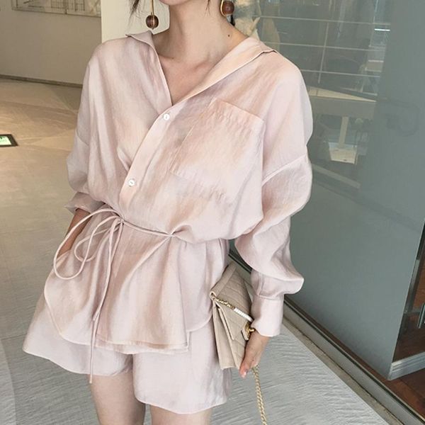 

2021 summer elegant two pieces set women lace up loose shirt and high waist shorts female casual shorts suits, Gray