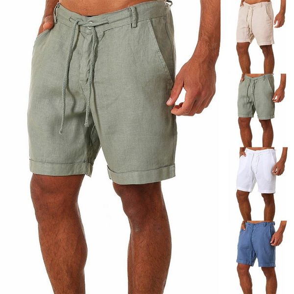 

mens casual fashion flax shorts linen solid color short trousers male summer beach breathable flax shorts, White;black