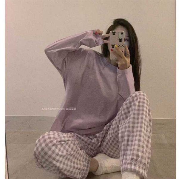 

pajamas for girls sleep + plaid pants home clothe loungewear pijamas femme sleepwear korean style trouser suits 211106, Black;red