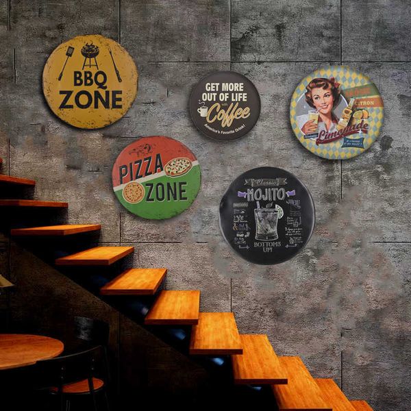 

shabby chic bbq bowling zone metal sign round poster vintage cafe kitchen home decor retro tin signs restaurant wall decorationa