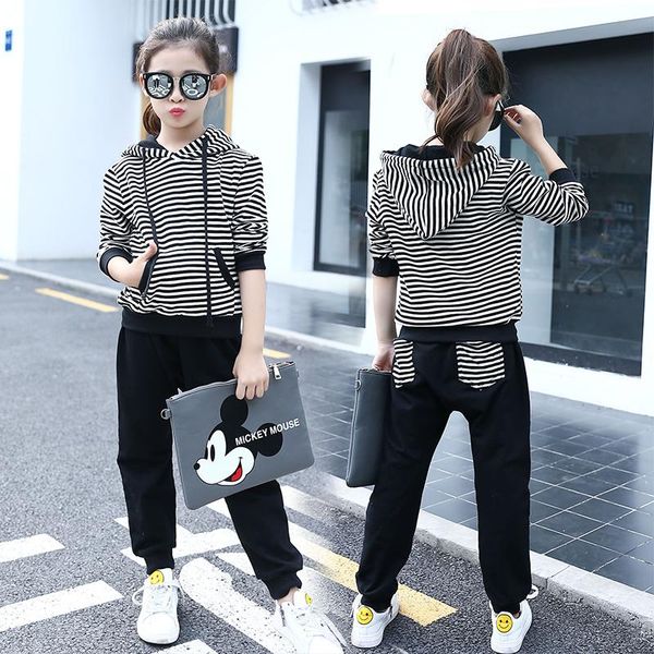 

clothing sets spring baby girls clothes kids sport set striped costume hooded+black pant 2pcs children's tracksuit for teenager girl 5-, White
