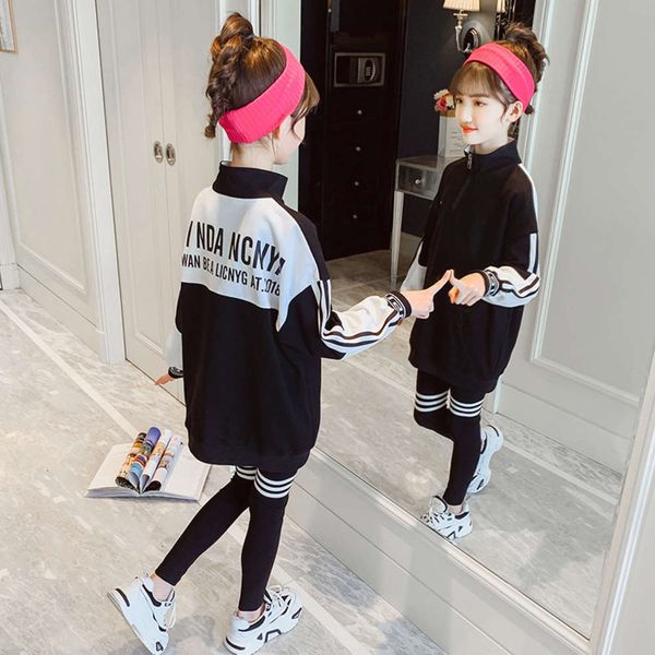 

2021 new foreign girls' style fashion spring and autumn children's sports two piece suit, White