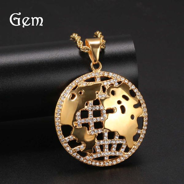 

gold plated diamond world map personalized hip hop style stainless steel pendant street trendy necklace jewelry, Silver
