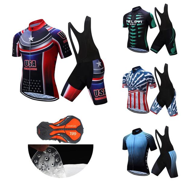 

racing sets 2021 usa cycling jersey set bib shorts summer pro road bike clothing team dress mtb uniform male bicycle clothes cycle bodysuit, Black;blue