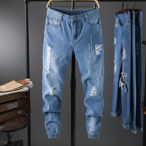 

new jeans men's ripped large size four seasons casual pants men's light blue vintage ankle length jeans