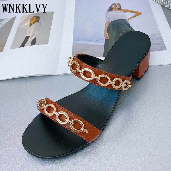 

official website 70% off outlet slippers summer women chunky high heel real leather metal chain decoration sandals party dress shoes runway, Black
