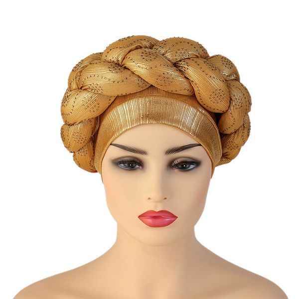 

new beauty strip drill thick braided baotou muslim hat, Golden;silver