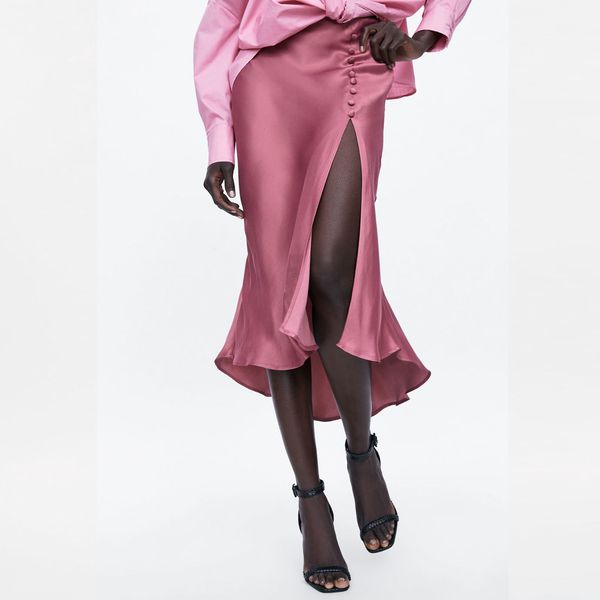 

fashion pink satin light skirt women asymmetric rivet high slit design slim office lady summer casual draped midi skirt vestidos 210303, Black