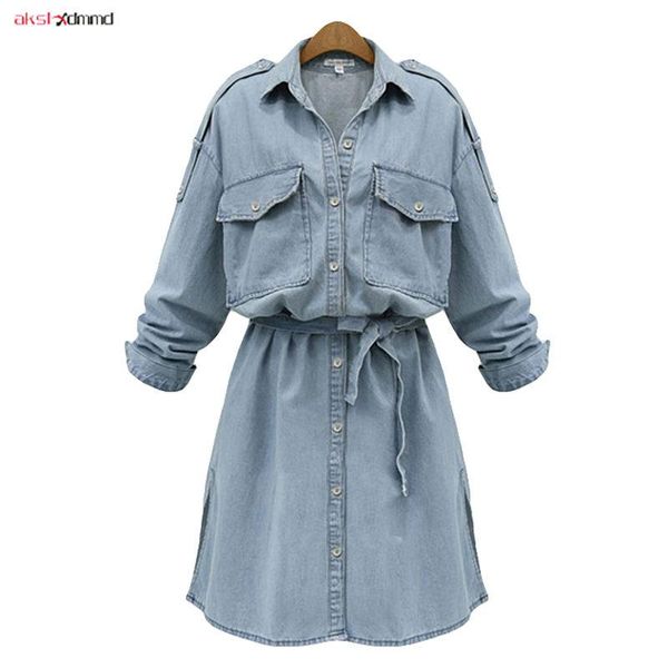 

casual dresses loose denim dress women vintage sashes long sleeve 2021 autumn female clothing knee-length plus size vestidos ac083, Black;gray