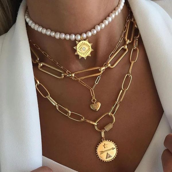 

chains women's necklaces with fashion all-match metal creative coin pendants multi-layered clavicle chain wholesale, Silver