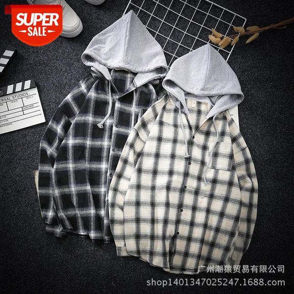 

hong kong style hooded plaid shirt men's youth thin jacket japanese students long-sleeved #rz2b, White;black