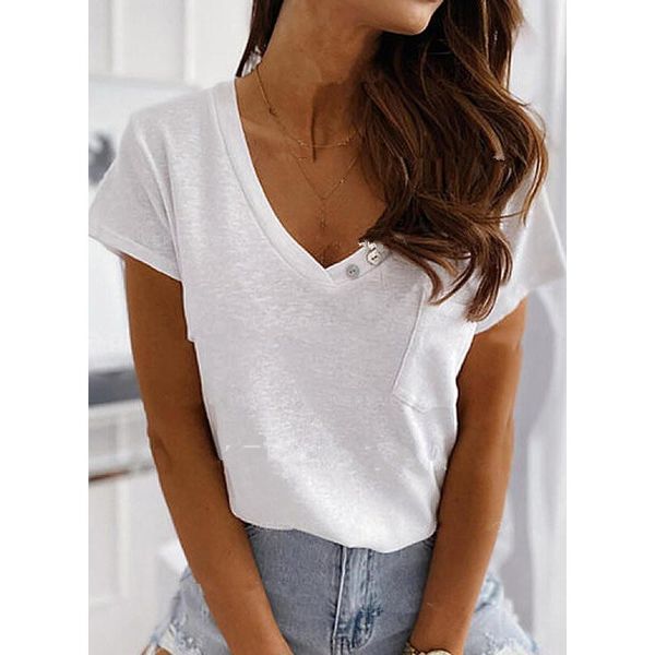 

summer new women's buttons v-neck short sleeve shirts for women woman casual tee shirt ladies clothes t-shirt female, White