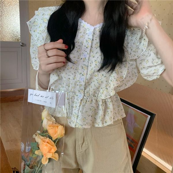 

hzirip summer shirt for women 2021 fashion flower floral slim waist all-match retro female blouse wear both sides, White
