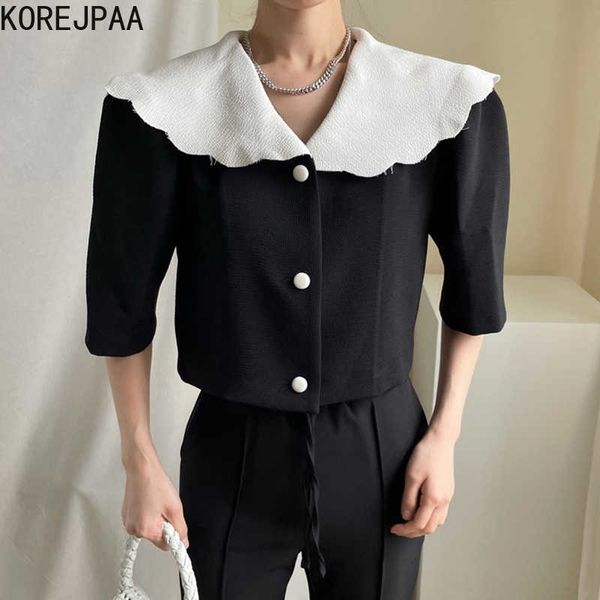 

korejpaa women shirt summer korean chic ladies niche retro doll collar lace contrast three button puff sleeve short blouses 210526, White