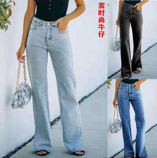 

leg jeans wide with high waist slit, Blue