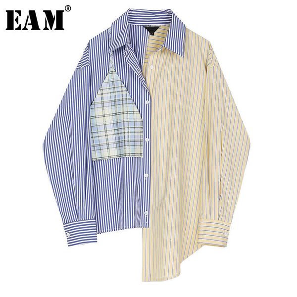 

eam] women blue striped split big size blouse new lapel long sleeve loose fit shirt fashion tide spring autumn 2021 1r549 cx200616, White